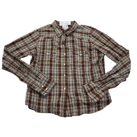 Aeropostale Shirt Mens L Brown Plaid Pearl Snap Long Sleeve Western Button Up - Picture 1 of 16